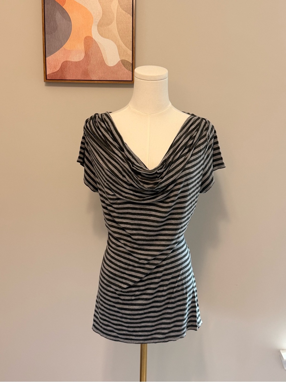 EUC Max Studio Striped Cowl Neck Women’s Top - Dark & Light Gray